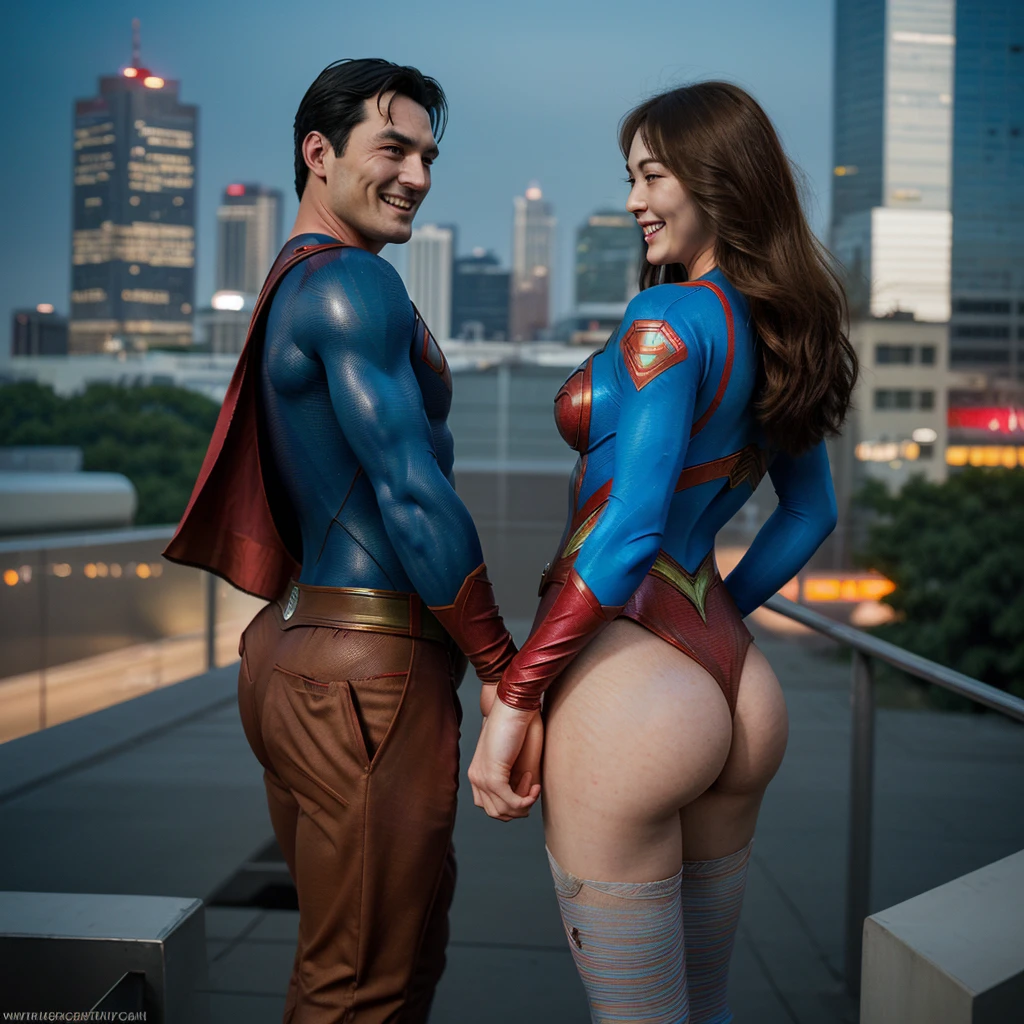 a superman holding a beautiful ultraman woman with a beautiful face, from behind while laugh in front of the city, bright and colorful light