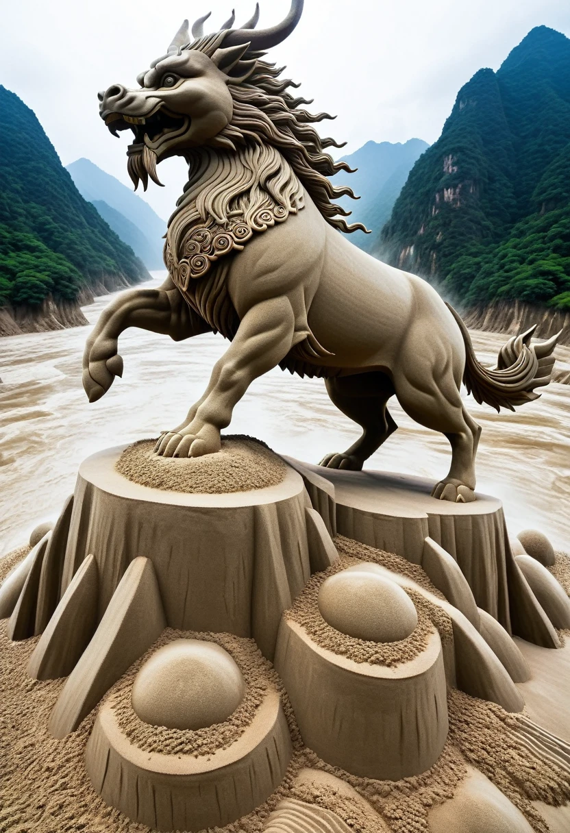 Sand sculpture style, Eight-legged Qilin stepping on auspicious clouds，Cruise among the mountains and rivers，Every step you take is full of vitality，The pace is steady，Leading the auspicious atmosphere，Strong sense of déjà vu。