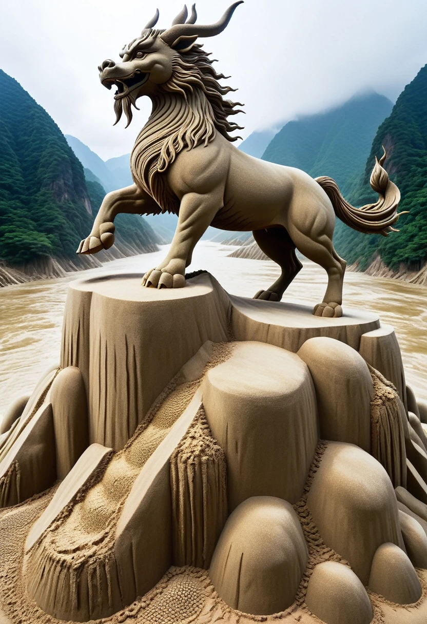 Sand sculpture style, Eight-legged Qilin stepping on auspicious clouds，Cruise among the mountains and rivers，Every step you take is full of vitality，The pace is steady，Leading the auspicious atmosphere，Strong sense of déjà vu。