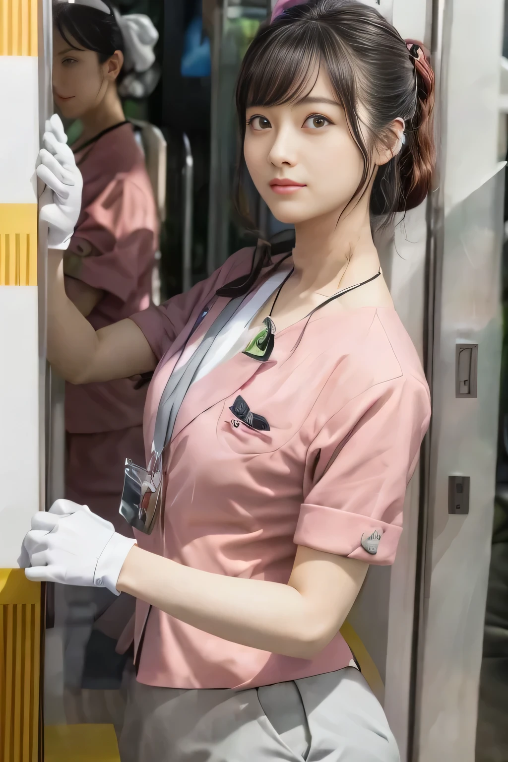 (masterpiece:1.2, Highest quality:1.2), 32k HDR, High resolution, (alone、1 girl)、 (Height: 160cm)、(On the rooftop of a building in the daytime、Professional Lighting)、Building rooftop background、(Nankai train crew uniform pinkを着たリアルスタイル)、(Nankai train crew uniform pink short sleeve collarless pink jacket、Nankai Train Crew Uniform Pink Collarless Short Sleeve Blouse、Nankai Train Crew Uniform Pink Grey Knee-length Culottes)、(The pink jacket is showing from the culottes.)、Dark brown hair、(Hair tied up、Hair tied up、Evening curly hairstyle)、Dark brown hair、Long Shot、Big Breasts、Thin legs、((Great hands:2.0)),((Harmonious body proportions:1.5)),((Normal limbs:2.0)),((Normal finger:2.0)),((Delicate eyes:2.0)),((Normal eyes:2.0)))、smile、(Nankai Train Crew Uniform Pink Grey Knee-length Culottesを見せた美しい歩く姿)、Place your hands around your stomach、Lanyard employee ID card