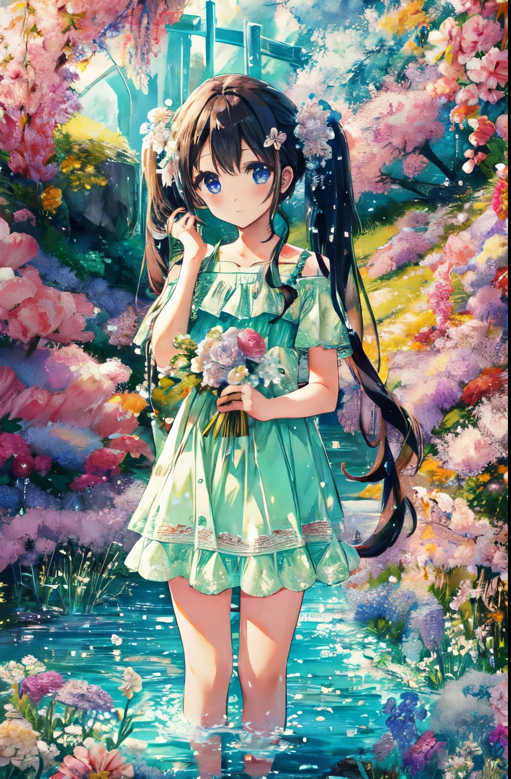 (8K, Highest quality, masterpiece:1.2, Browsing Caution, Wide-angle field of view,Maximum amount of information),cute,cute***,mesugaki,Lots of flowers, Beautiful Face,Beautiful Eyes,Beautiful Hair, lake, Bathing,Super long hair,Has twin tails, Expressions of affection, See-through micro bikini,From below,Underarm,