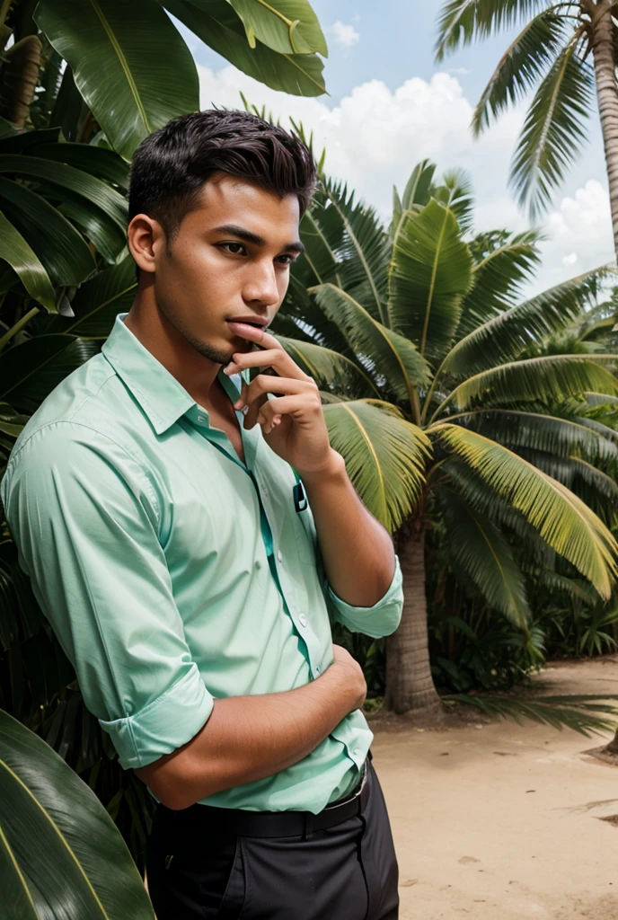 Young businessman talking on the phone outdoors in a tropical country