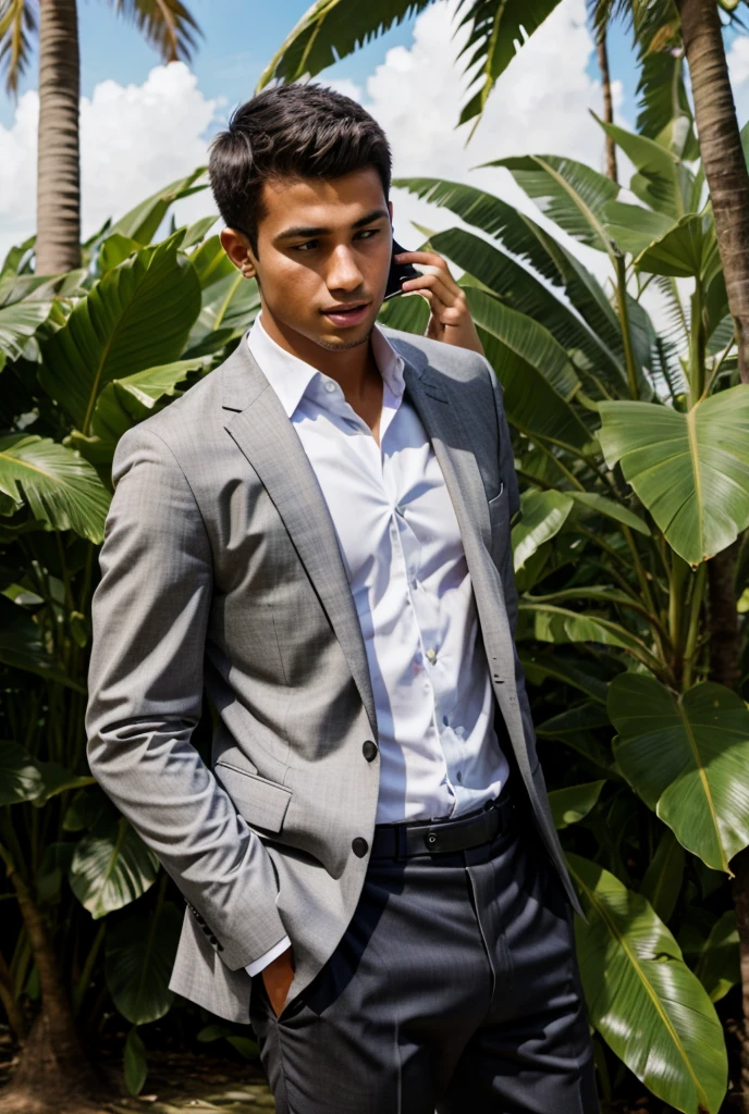 Young businessman talking on the phone outdoors in a tropical country