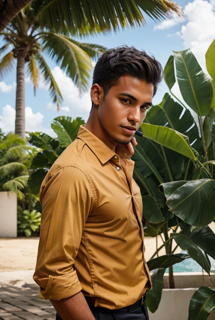 Young businessman talking on the phone outdoors in a tropical country