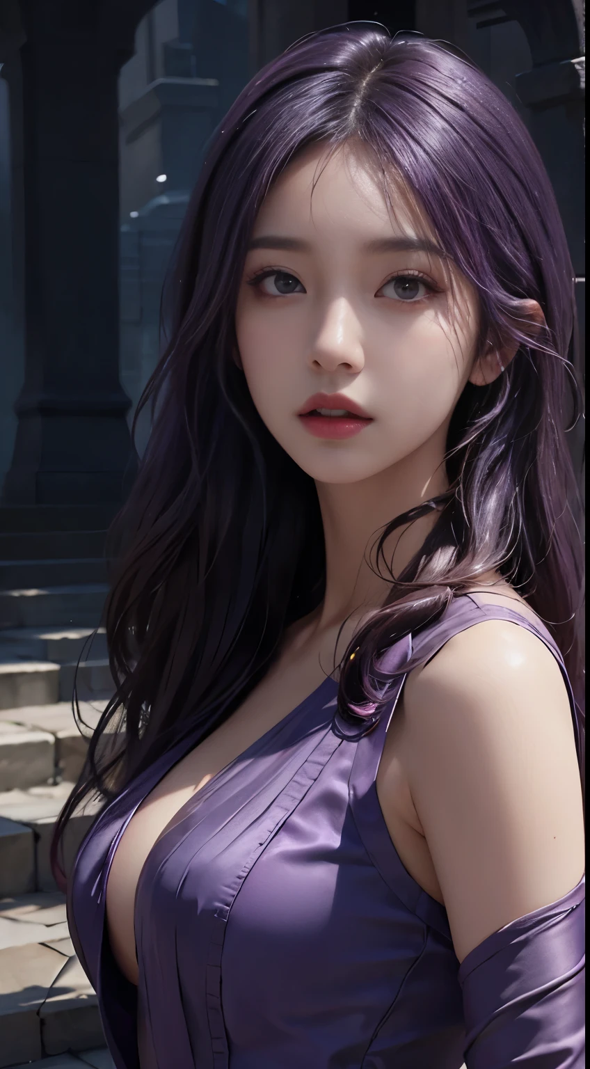 4k, fantasy art, photo realistic, dynamic lighting, artstation, poster, volumetric lighting, very detailed faces, award winning, 1girl, deep shadow, beautiful shot, purple dress, long hair ,purple hair, beautiful background, whole body capture,