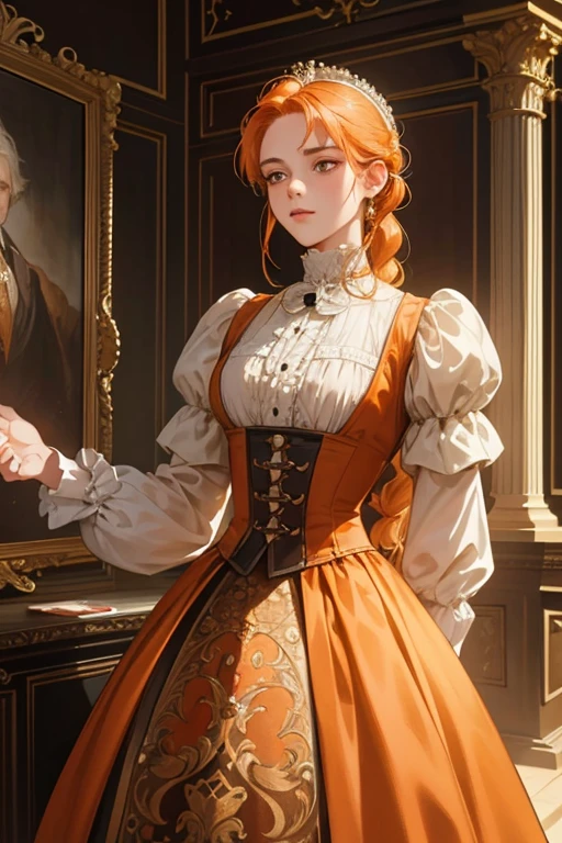 masterpiece, best quality, Practical, (absurd, High resolution, Super detailed), victorian era, Europe in the 18th century,noble,Orange hair color,braid, Delicate and meticulous, 8K, Reality, Dramatic Lighting, high quality, Complex design, classical portrait, enlarged texture, Exquisite details