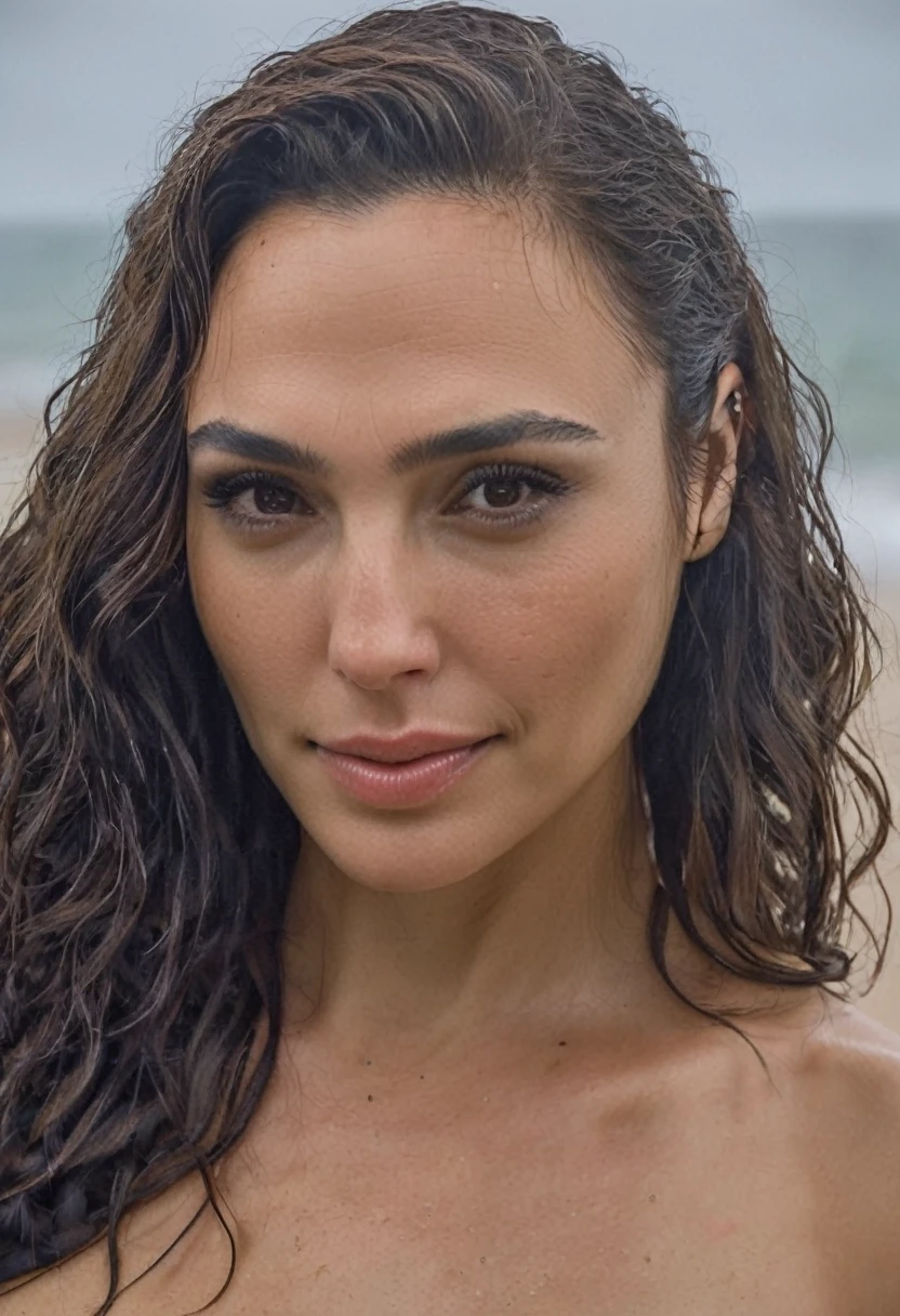 high quality Erotic shot of a extremely hot woman, ( GalGadot, photorealistic , smiling , palyfull act, magazine photograph, sexualized body , seductive pose, seductive expression , flat breast , oily body ) celebrity erotic photograph , nude, topless, sunny, extremely long hair , erotic photograph , fit muscular figure , exhausted look, rainy, seductive expression , on beach, wet hair, dark atmosphere, erotic lighting , celebrity, female, woman, hollywood actress, , erotic angle , ( natural lights, depth of field, insanely detailed skin texture, hyper detailed features )