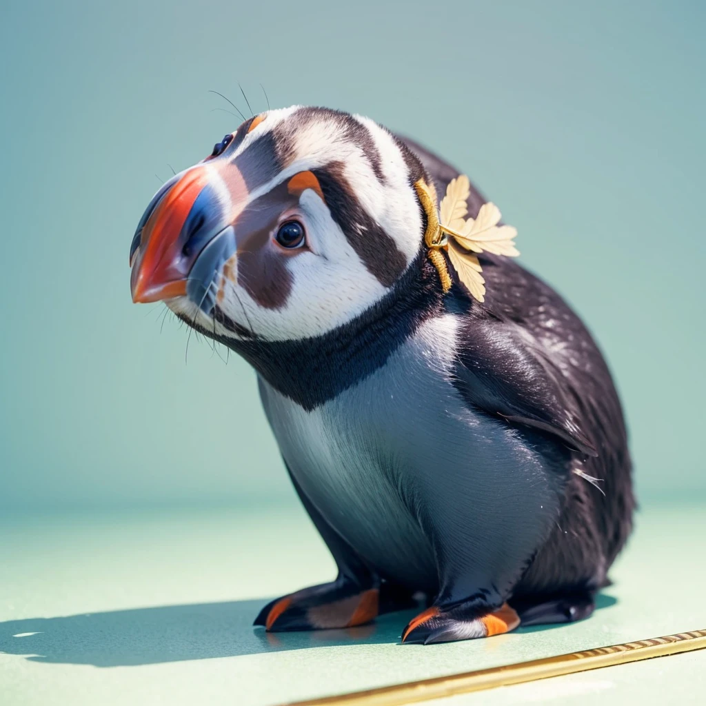 Small Animaly, generate rabbit mixed with seal, (the skin is gold), has blue stripes on his skin, white eyes, Grassroots, no background, (Puffin head)