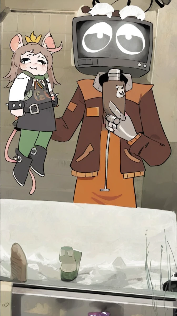 Create a full-body image of a woman who is dressed like a hobo with a pet rat.