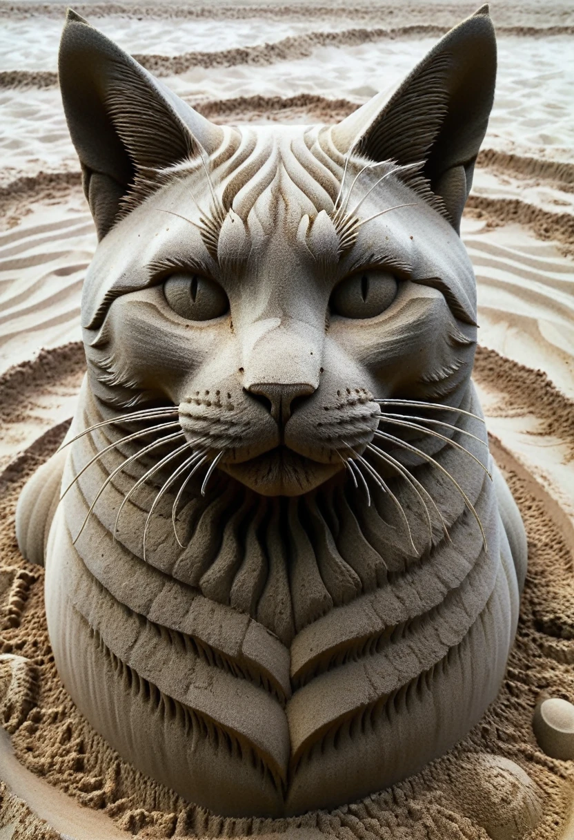 Sand sculpture style, The two-faced cat appears quietly at the turn of day and night，Each side has completely different personalities and abilities.，Mystery，It is impossible to grasp its true face，Strong sense of déjà vu。