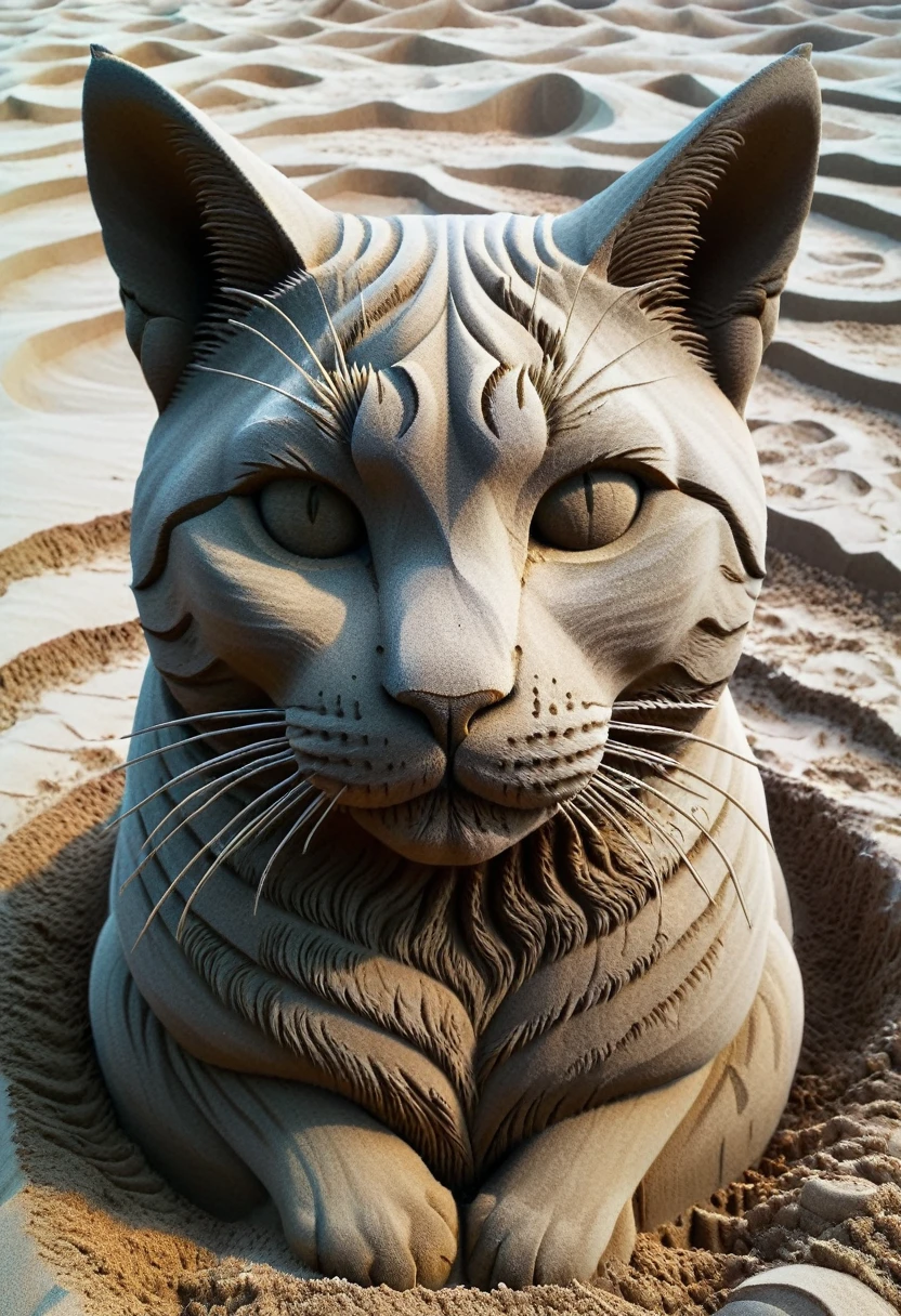 Sand sculpture style, The two-faced cat appears quietly at the turn of day and night，Each side has completely different personalities and abilities.，Mystery，It is impossible to grasp its true face，Strong sense of déjà vu。