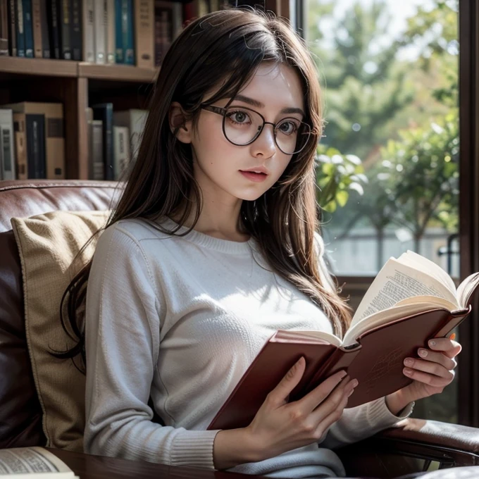 Owl woman, wearing glasses, reading a book