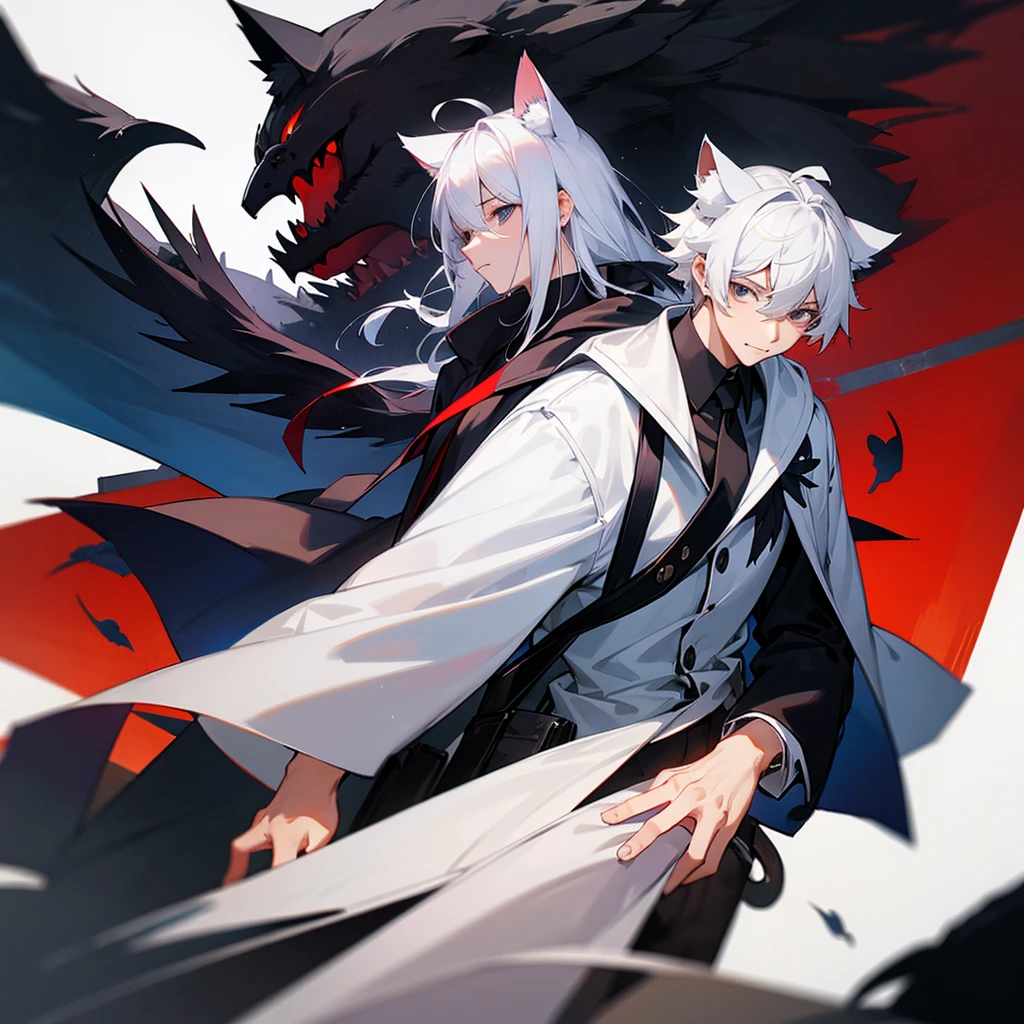 high school student,man,white hair,cat ears,black eyes,Crow