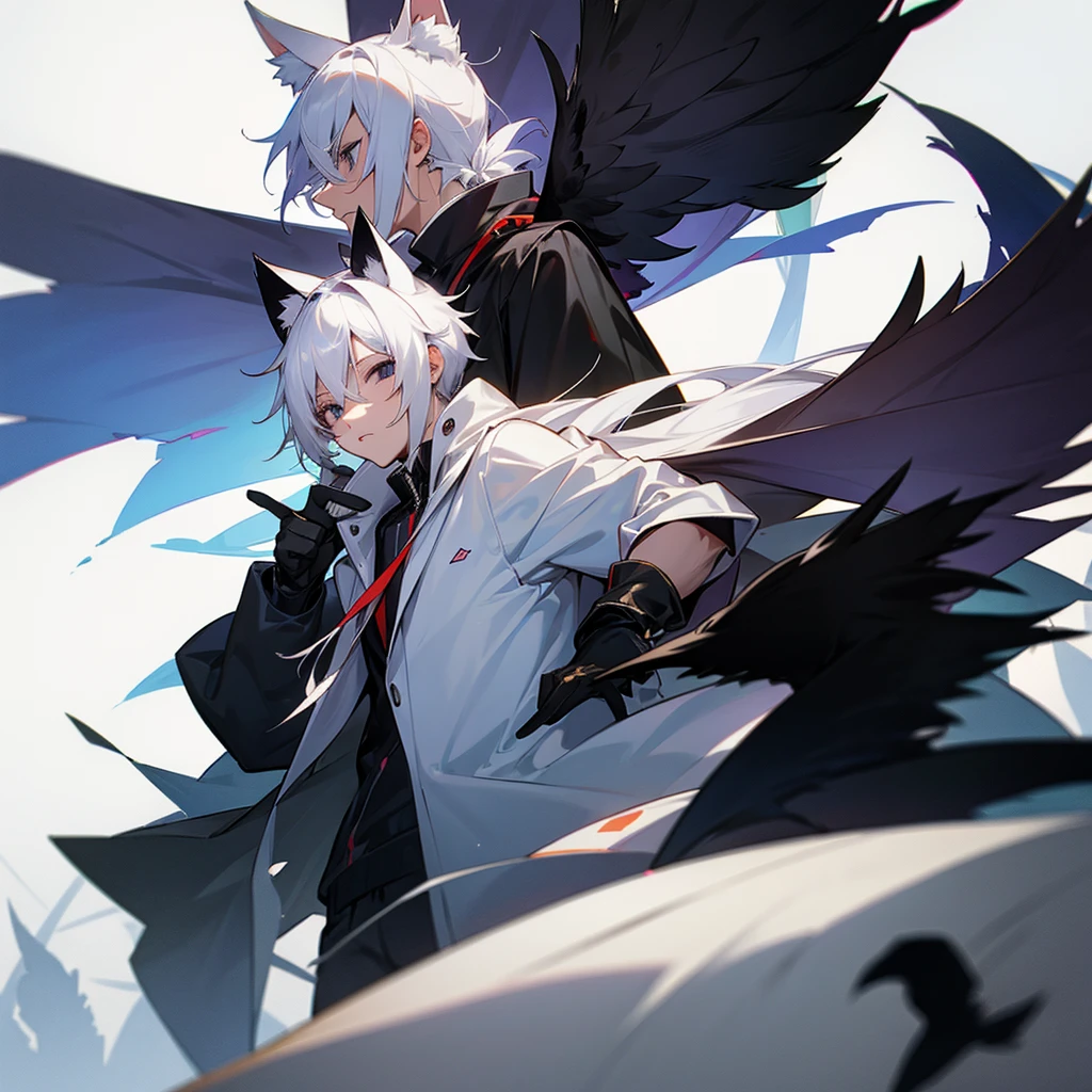 high school student,man,white hair,cat ears,black eyes,Crow