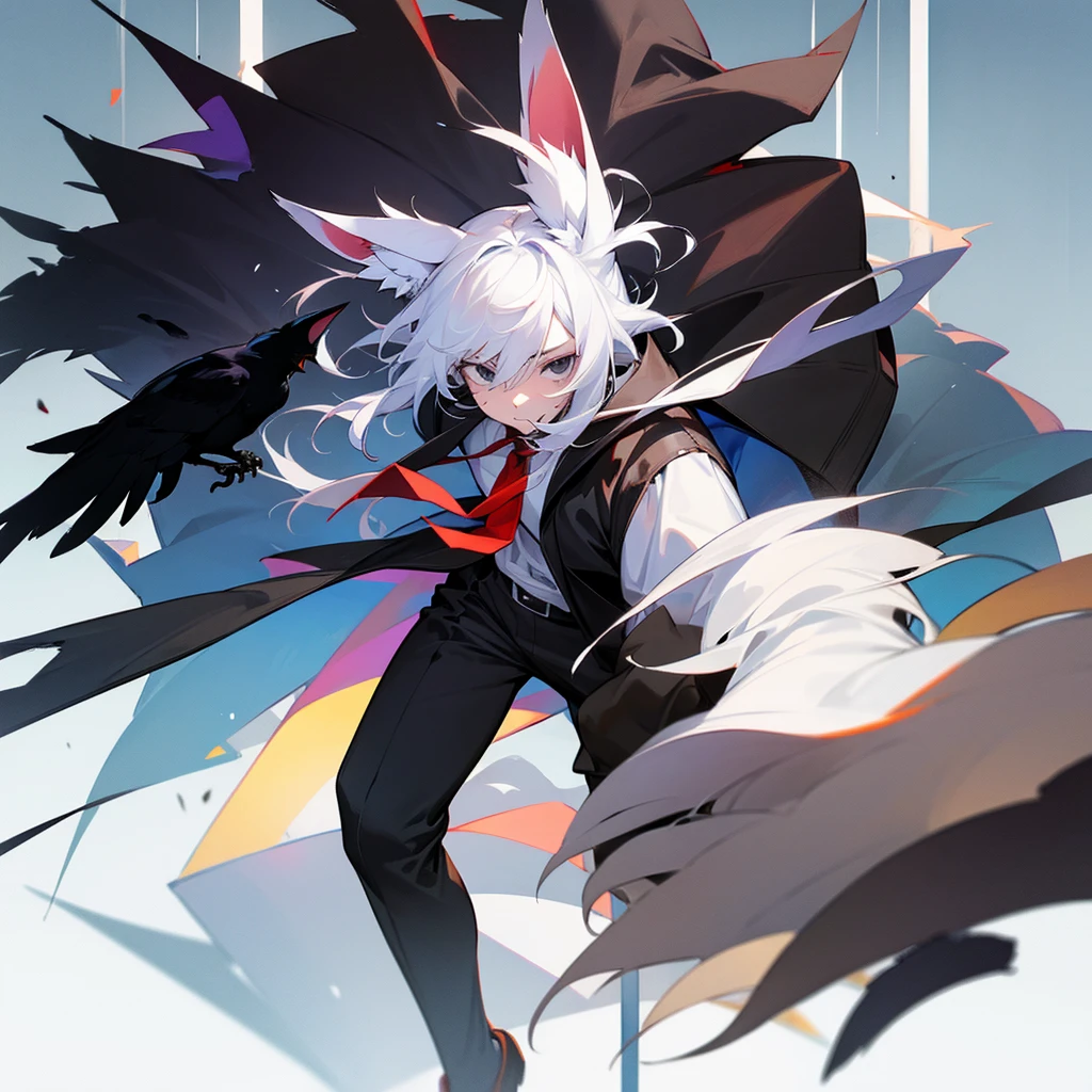 high school student,man,white hair,cat ears,black eyes,Crow