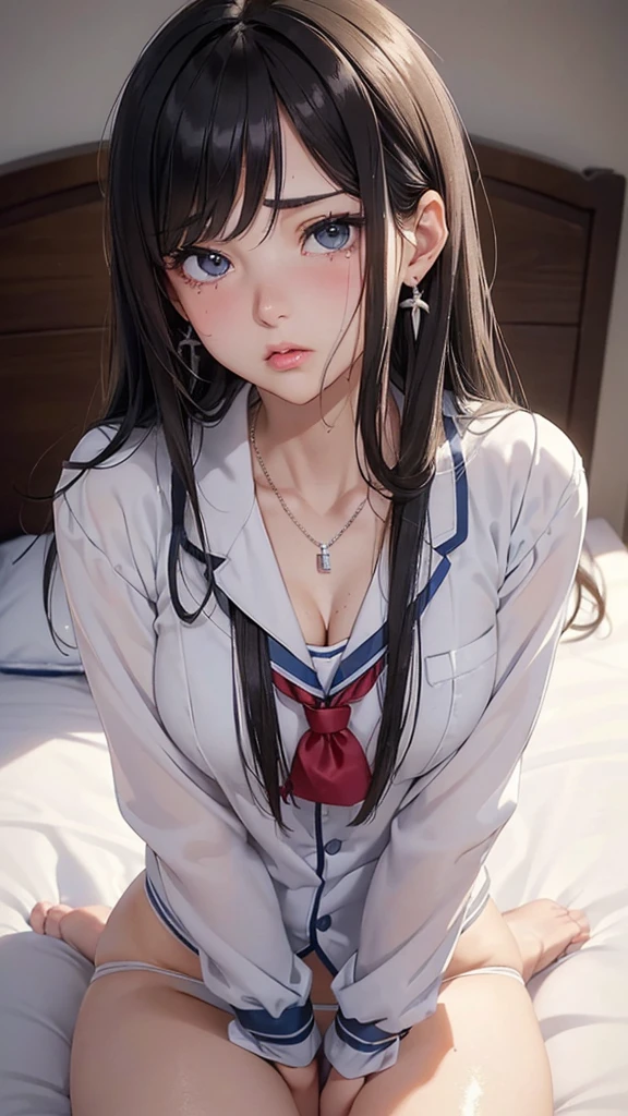 (masterpiece: 1.3), (Maximum resolution: 1.2), (Ultra HD TV: 1.2), Cinematic Light, 8K resolution, Detailed facial features , (Sharp focus: 1.2), (Focus on the face:1.2),Perfect Style, Beautiful Face, Acura, Anatomically correct, Highly detailed face and skin texture, Beautiful Eyes,Beautiful Eyes, Thin eyebrows, Glitter Eyeliner: 1 Natural Cheeks, Glowing Skin, Fair skin: 1.2, (Glossy Lips: 1.4),、 (Embarrassed look: 1.2),Highly detailed face and skin texture, Natural Cheeks, , Glossy Lips: 1.4,Perfect Style、Cleavage、Soft Breasts、(White mucus on chest:1.4)(White mucus on thighs:1.2)、 blush、A humiliating look、Anxious expression、A look of humiliation、Embarrassed look、Glare、anger、sorrow、tears、Open your knees、Spread your legs、 White underwear、Sparkly little earrings and necklace、Disheveled clothes、White panties、sweating、Thin underwear、stockings、Year: 18-year-old, A clean-cut woman,1 person、 Upward-facing chest, Black brown hair、blonde、Silver Hair、Blue-gray eyes、Greenish-gray eyes、Bedroom、bed、(High School Uniform:1.4)、masturbation behavior、Masturbation、