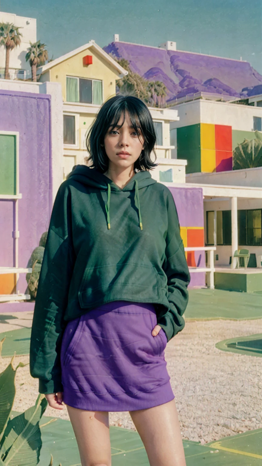 1 girl, beautiful, black bob hair, almond eye, no makeup, ((green color oversized hoodie)), (purple tennis skirt),elegant pose in front of ((80's mondrian architecture colorful motel)),looking camera (from below:1.2), (realistic:1.1), (surreal:1.2), (very detailed:1.1), ((masterpiece)),summer, blue sky, palm trees,sunny, los angles vibes