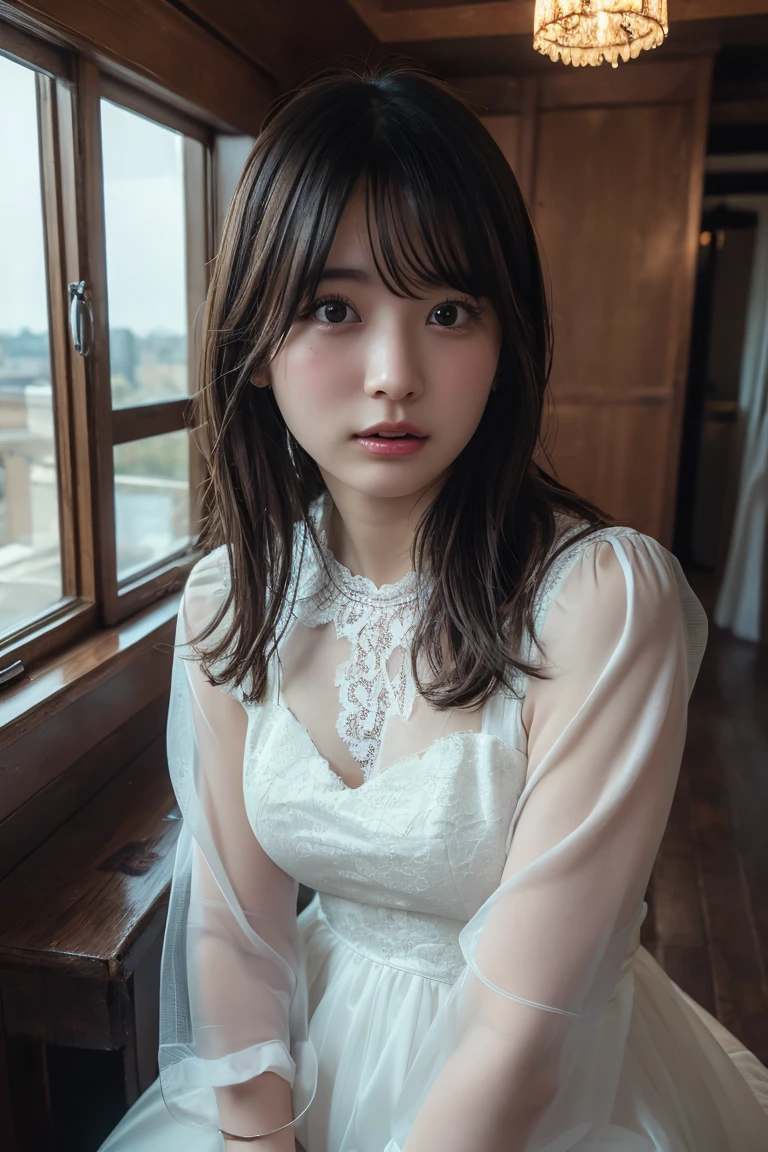 (Highest quality:1.4),(masterpiece:1.4),(Realistic:1.4),(Realistic:1.2),(超High resolution, RAW Photos:1.4),(High resolution, Ultra-detailed:1.2),(8K:1.2),View your viewers,Cinematic photography,a photo of a dark-haired,One girl,((Lace dress,View from the front)),skeletally correct,(Western-style building interior,Dimly lit room,The lamplight shines on my cheeks)