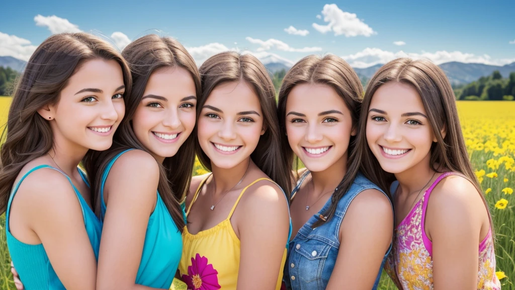 three women are smiling and posing for a picture in a field, cute girls, highly detailed photo of happy, lesbians, 3 young and beautiful women, beautiful girls, shutterstock, fotografia, rainbows in the background, realistic colorful photography, colorful photo, photo of a beautiful, positive and fun vibes, pov photo, portrait happy colors, high resolution. positive vibes