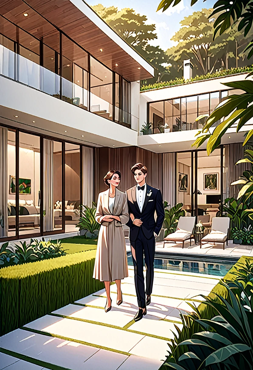 A beautiful illustration featuring a wealthy 25 year old boy proudly showing their luxurious modern home to his old mom. The home is elegant and sophisticated, seamlessly blending with the surrounding lush greenery. The scene exudes a warm, aesthetic vibe, with soft, inviting colors and gentle lines, capturing the love and pride in the young man's eyes as he presents their stunning residence to his mother. The mother is clearly older, with a kind and gentle appearance. the house features sleek architecture, large windows, and stylish design elements, ensuring a contemporary and luxurious feel. The overall atmosphere is serene and enchanting, evoking a sense of beauty, tranquility, and modern opulence,8k, highly detailed