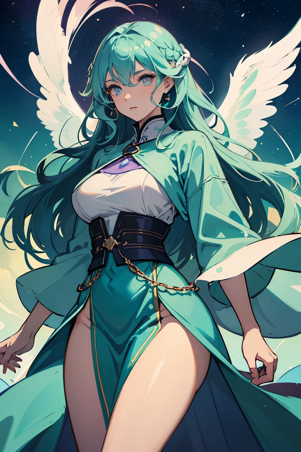 woman, slender but very curvy, skin is bronze, hair is wavy long with a purple and sky blue gradient, eyes are seafoam green, wears flowing and modest robes, lots of belts and chain jewelry, inquisitive expression, has large angel wings, shooting stars