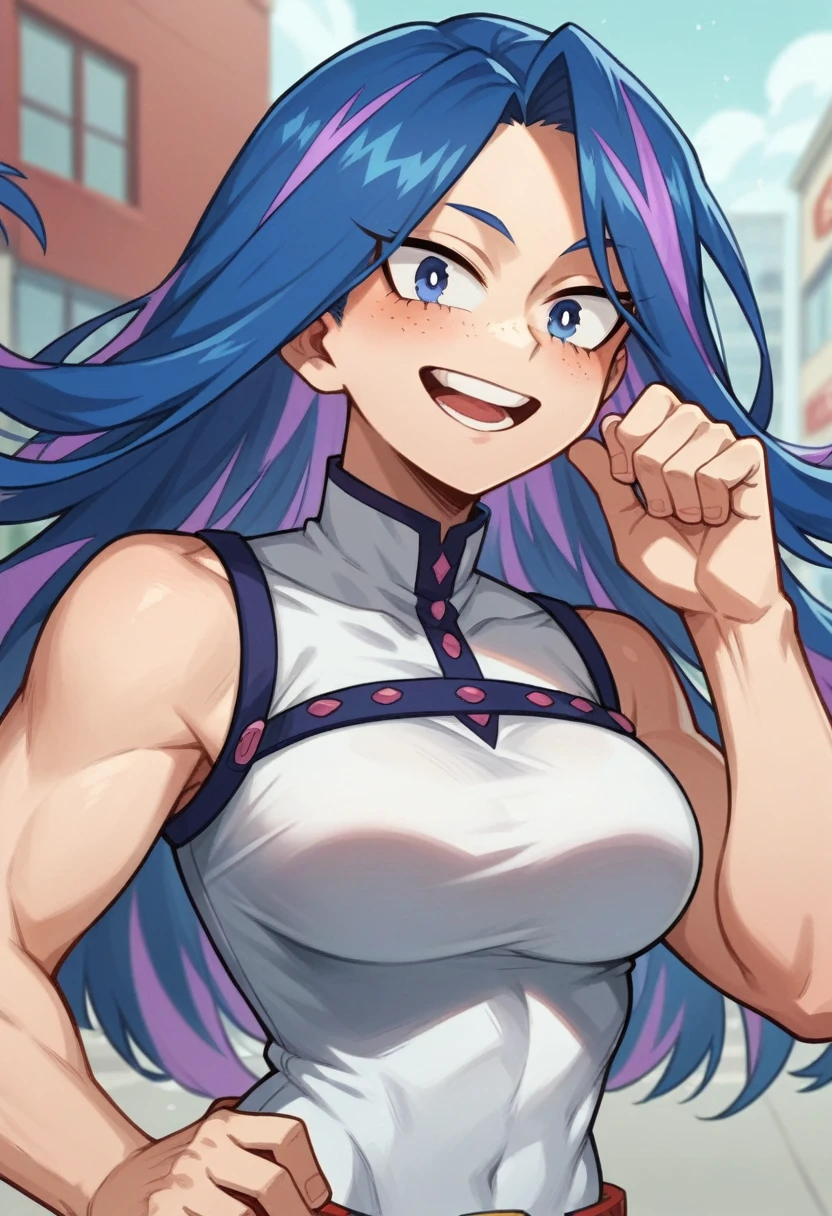 Screenshot of My Hero Academia, a girl with , long blue hair almost black with purple highlights, with sapphire blue eyes and purple shadow with a tender look with purple freckles and happy wearing the boku no hero academia UA style