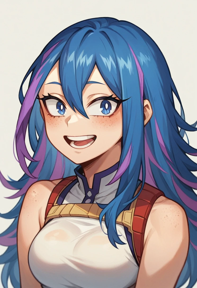 Screenshot of My Hero Academia, a girl with , long blue hair almost black with purple highlights, with sapphire blue eyes and purple shadow with a tender look with purple freckles and happy wearing the boku no hero academia UA style