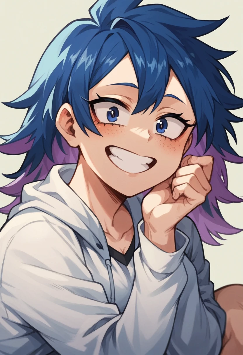 Screenshot of My Hero Academia, a girl with , long blue hair almost black with purple highlights, with sapphire blue eyes and purple shadow with a tender look with purple freckles and happy wearing the boku no hero academia UA style