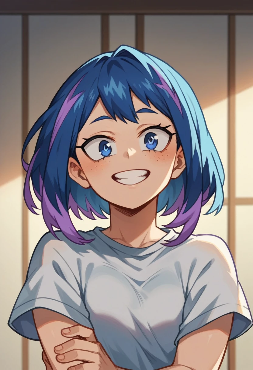 Screenshot of My Hero Academia, a girl with , long blue hair almost black with purple highlights, with sapphire blue eyes and purple shadow with a tender look with purple freckles and happy wearing the boku no hero academia UA style