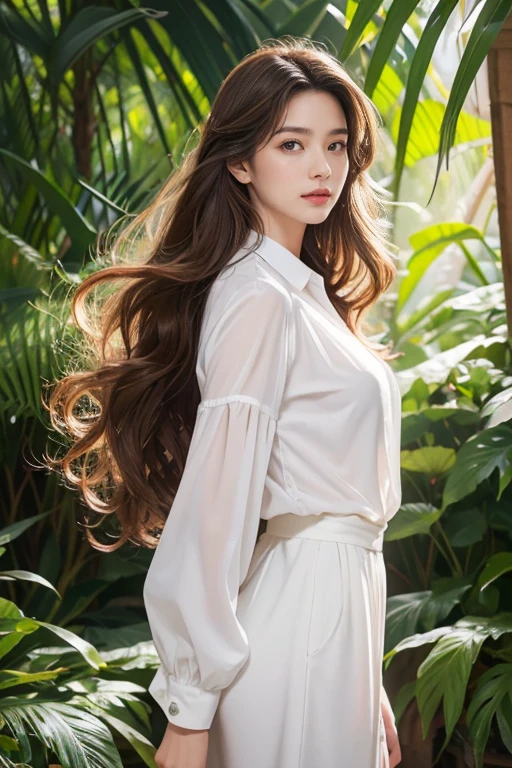 highest quality、4K、Perfect Face、Perfect Style、perfect body、Sunburn、beautiful lady、mature、long curly layer brown hair、Swept-back hair、full body, sexy 、charming、healthy、of the highest quality、8K、white Y shirt、Celestial Grotto、