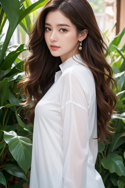highest quality、4K、Perfect Face、Perfect Style、perfect body、Sunburn、beautiful lady、mature、long curly layer brown hair、Swept-back hair、full body, sexy 、charming、healthy、of the highest quality、8K、white Y shirt、Celestial Grotto、