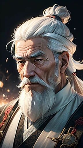 solo、Oriental、Intelligent old man、An elderly man in plain white ancient Chinese costume、Ancient Chinese hairstyle old man、Highest quality、masterpiece、Ultra-high resolution、(Realistic:1.4)、Game Poster、Crisp and beautiful image quality、White Hair、white and long beard,、Embroidered cloth wrapped around a topknot、Night Background