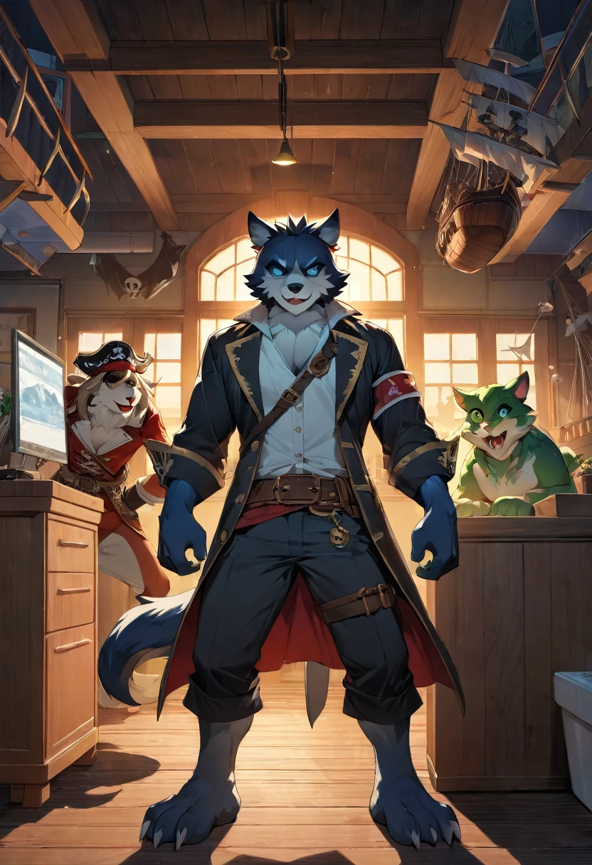 cover page, highres, top quality, best quality, paid reward available, unparalleled masterpiece, perfect artwork, absurdres, High-quality illustrations, super high resolution, detailed background, perfect anatomy(kemono, furry anthro, boy, girl)Hospitals with power outages, Spooky creatures, Pirate Ship, a pirate,  good lighting, cinematic shadow,