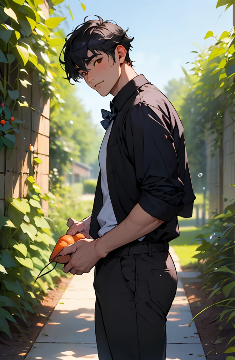 Highest quality, 8K, Kpop Boy, a male with a bow tie, black hair with white trim, holding a carrot in his hand, pretending to share his thoughts with him, short hair, yellow left eye, red sclera, in a vegetable garden, shirt, black pants. gentle face There's a rabbit on it.