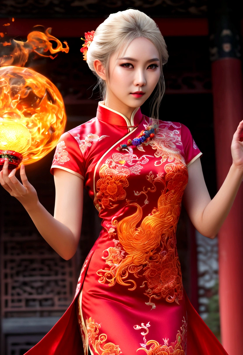 high details, best quality, 16k, [ultra detailed], masterpiece, best quality, (extremely detailed), full body, ultra wide shot, photorealistic, fantasy art, dnd art, rpg art, realistic art, an ultra wide picture of a female elf (intricate details, wearing fiery (Cheongsam: 1.3), Masterpiece, best quality: 1.5) goddess of fire ((fiery radiant aura)), controlling a swirling red fire, fiery red radiant magic (1.5 intricate details, Masterpiece, best quality), manipulating purple radiant magical symbols, [[divine symbols]] (intricate details, Masterpiece, best quality: 1.5), elf female, blond hair, long hair, hair with aura, with red radiant eyes, intense eyes, ((radiant eyes)), (( red glowing eyes)), she wears Cheongsam with fiery patterns, the fire leaps from the Cheongsam, fantasy volcano back ground, streams of lava, celestial background, ((divine worship atmosphere)), high details, best quality, highres, ultra wide angle,