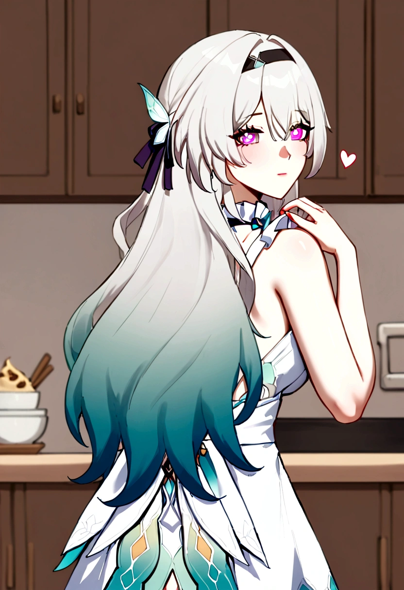 from back, look a side, nuked apron, white apron, kitchen backround, 1girl, solo, firefly (honkai: star rail), (firefly (honkai: star rail) face), very long hair, two-tone hair ((Isabelline and dark green) (color Isabelline in up hair), gradient eyes (blue or green), heart-shaped pupils,