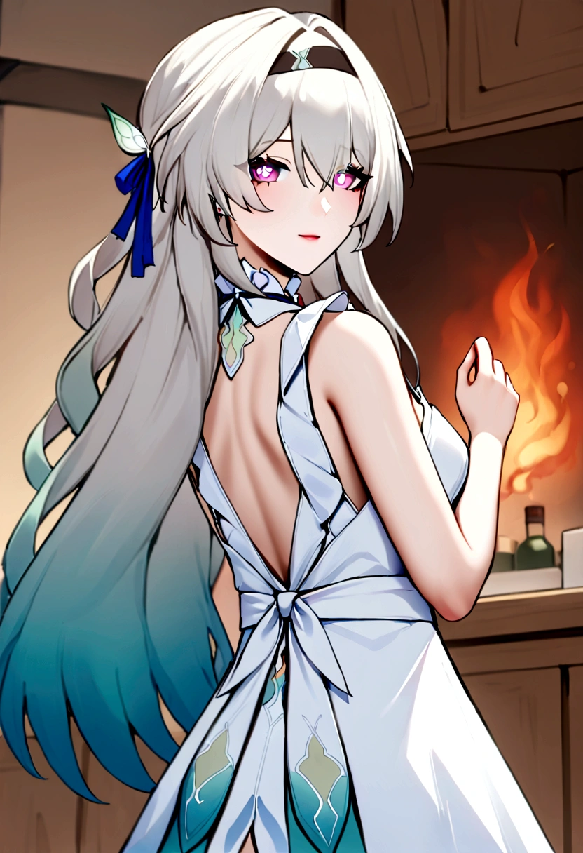 from back, look a side, nuked apron, white apron, kitchen backround, 1girl, solo, firefly (honkai: star rail), (firefly (honkai: star rail) face), very long hair, two-tone hair ((Isabelline and dark green) (color Isabelline in up hair), gradient eyes (blue or green), heart-shaped pupils,