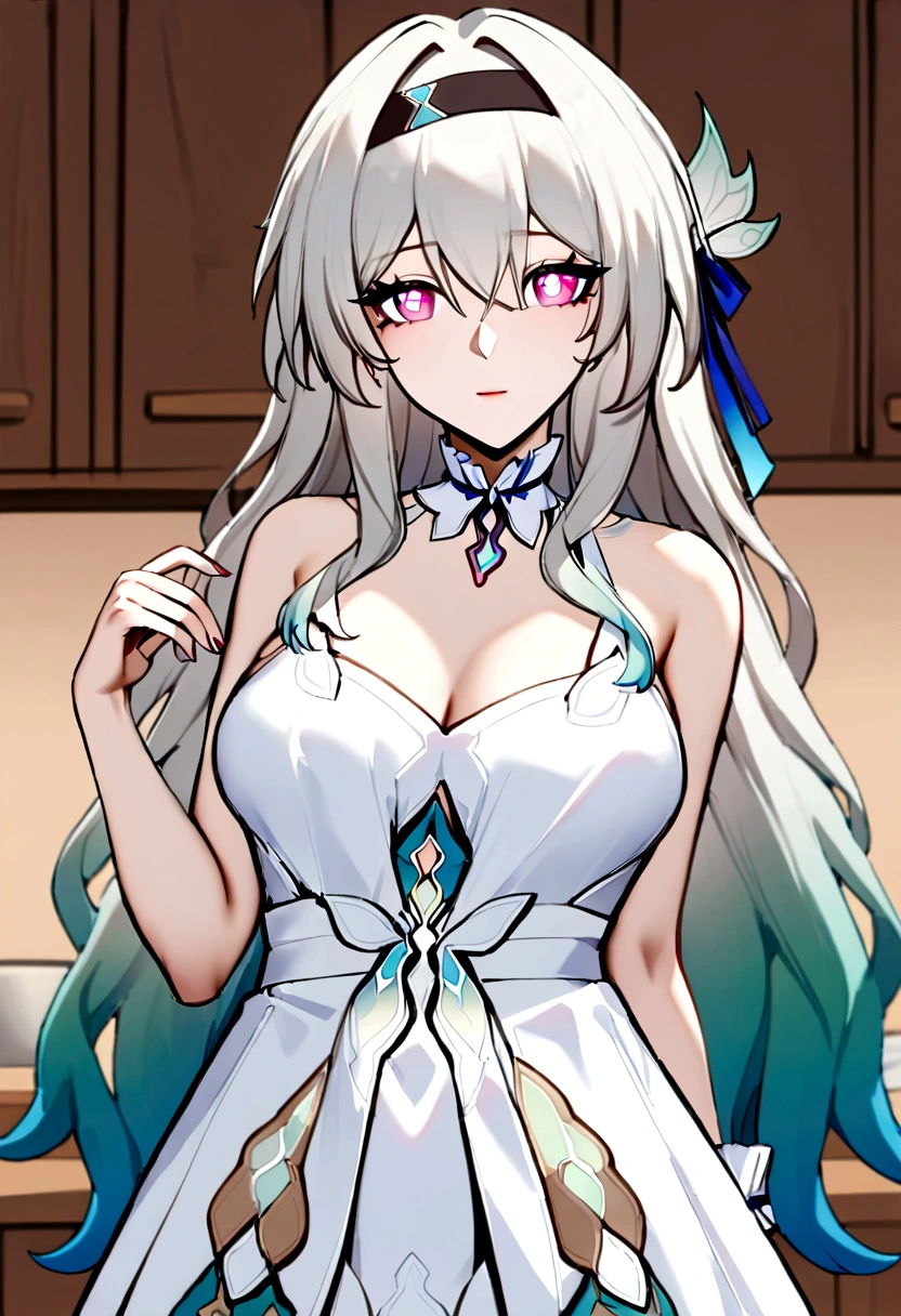 from back, look a side, nuked apron, white apron, kitchen backround, 1girl, solo, firefly (honkai: star rail), (firefly (honkai: star rail) face), very long hair, two-tone hair ((Isabelline and dark green) (color Isabelline in up hair), gradient eyes (blue or green), heart-shaped pupils,