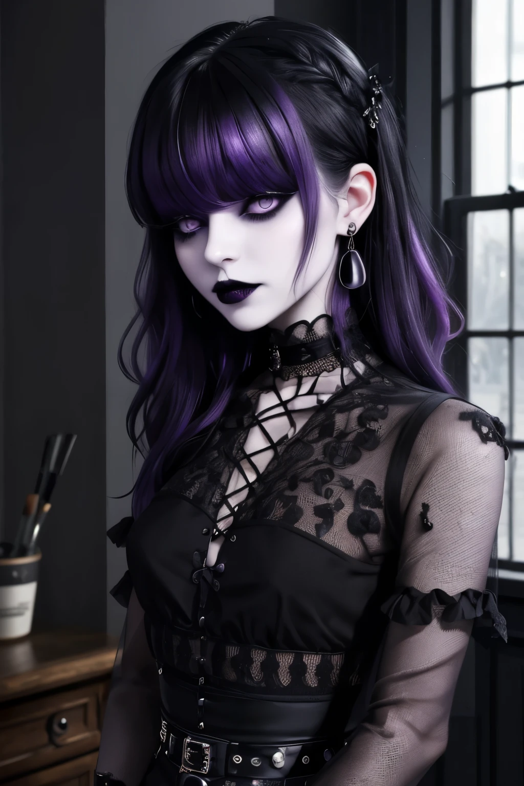 masterpiece, upper body, indoors,  1girl, solo, goth,  goth makeup, smoky eyes, eyeshadow, eyeliner, black lips, black lipstick, black hair, hair over eyes, indoors, mesh shirt, blush, blushing, purple eyes, purple contacts
