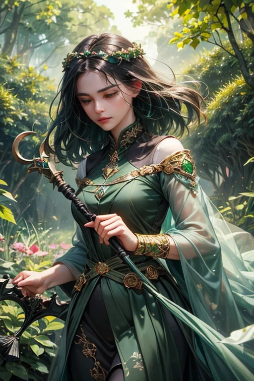 (masterpiece, Highest quality, Highest quality, Official Art, beautifully、aesthetic:1.2), (One girl:1.3), (Fractal Art:1.3), card, Tarot, Green Hair, Twin Blade, Hair Flower, (Good lighting:1.1), ((High resolution)), Tarot card style