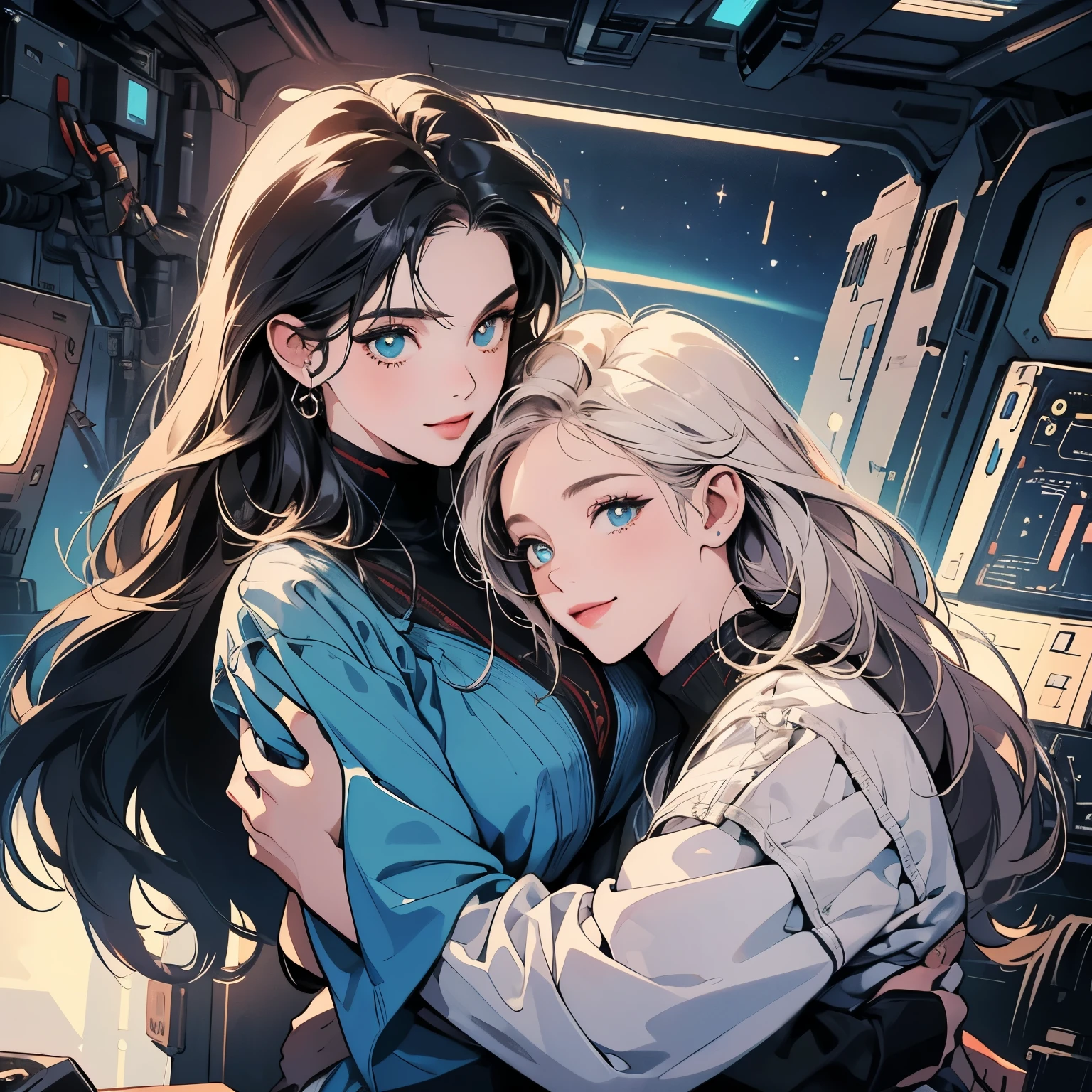  (((beautiful "Two women" leaning against each other))), inside a spaceship, perfect machine,  perfect face, zero gravity, outer space, lots of wires, switchboard, perfect and detailed machine, detailed hair, (((Various angles))), most beautiful woman, (((head shot))) , Super detailed background, top quality,Various unique hairstyles, Ghost in the Shell, Outer space in the background, Unique and perfect face, Pale Lighting,  (((Various eye colors))),(((hug from behind)), smile