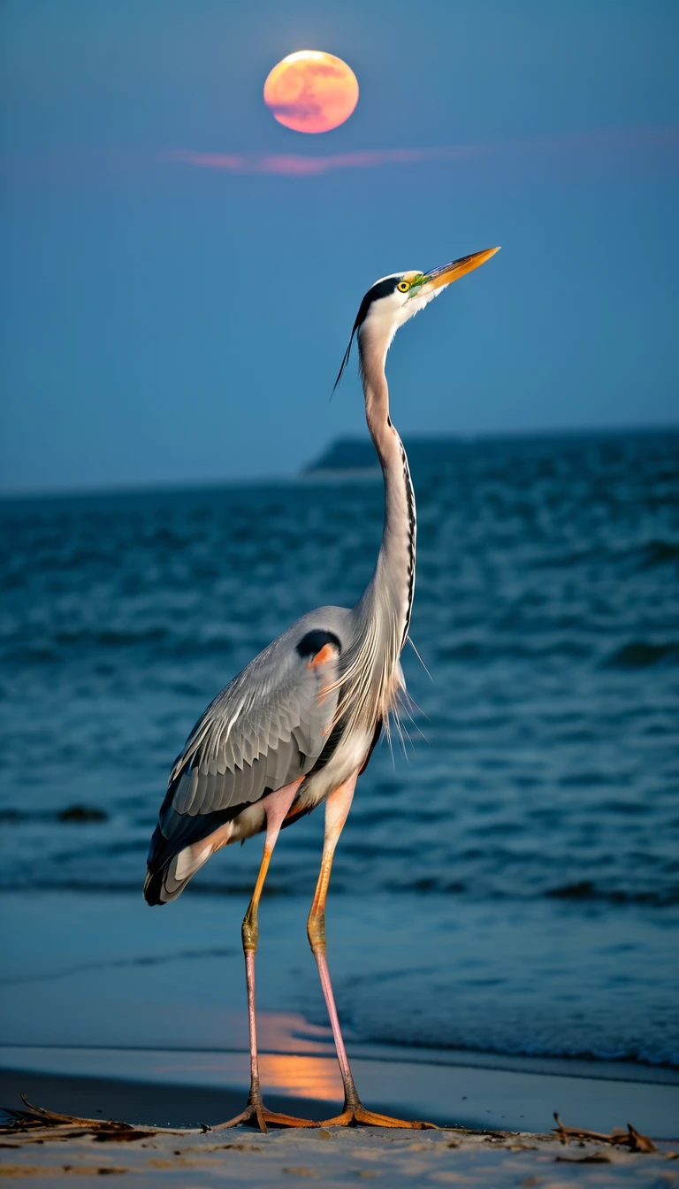 a great blue heron stands at the shore on sunny, in the style of romantic moonlit seascapes, canon eos 5d mark iv, sigma 105mm f/1.4 dg hsm art, light orange and pink, beach portraits, grid, sunprint  --ar 3:2 --v 5