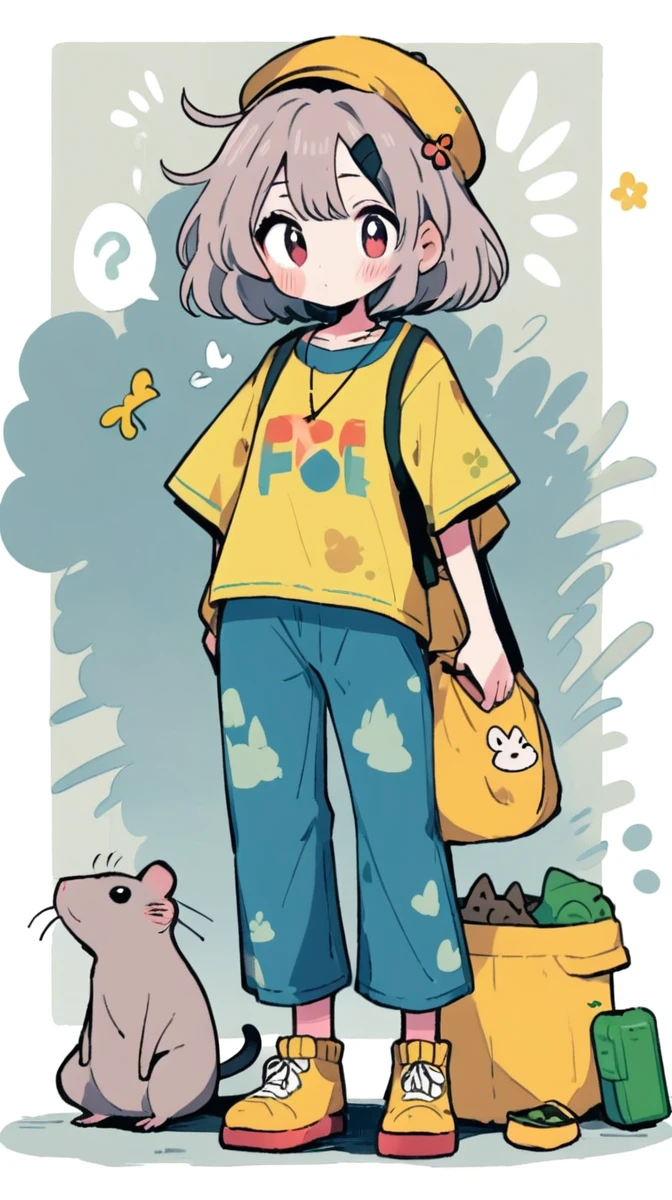 Create a full-body image of a woman who is dressed like a hobo with a pet rat.