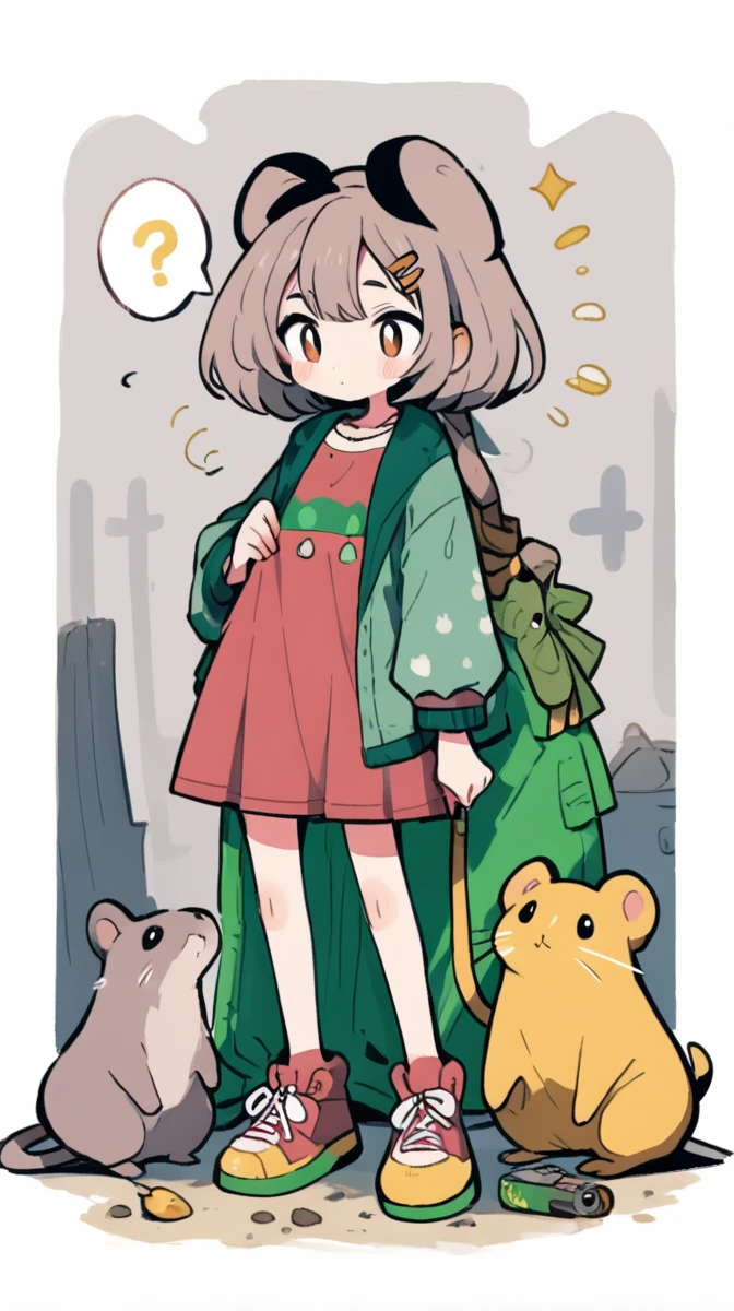 Create a full-body image of a woman who is dressed like a hobo with a pet rat.