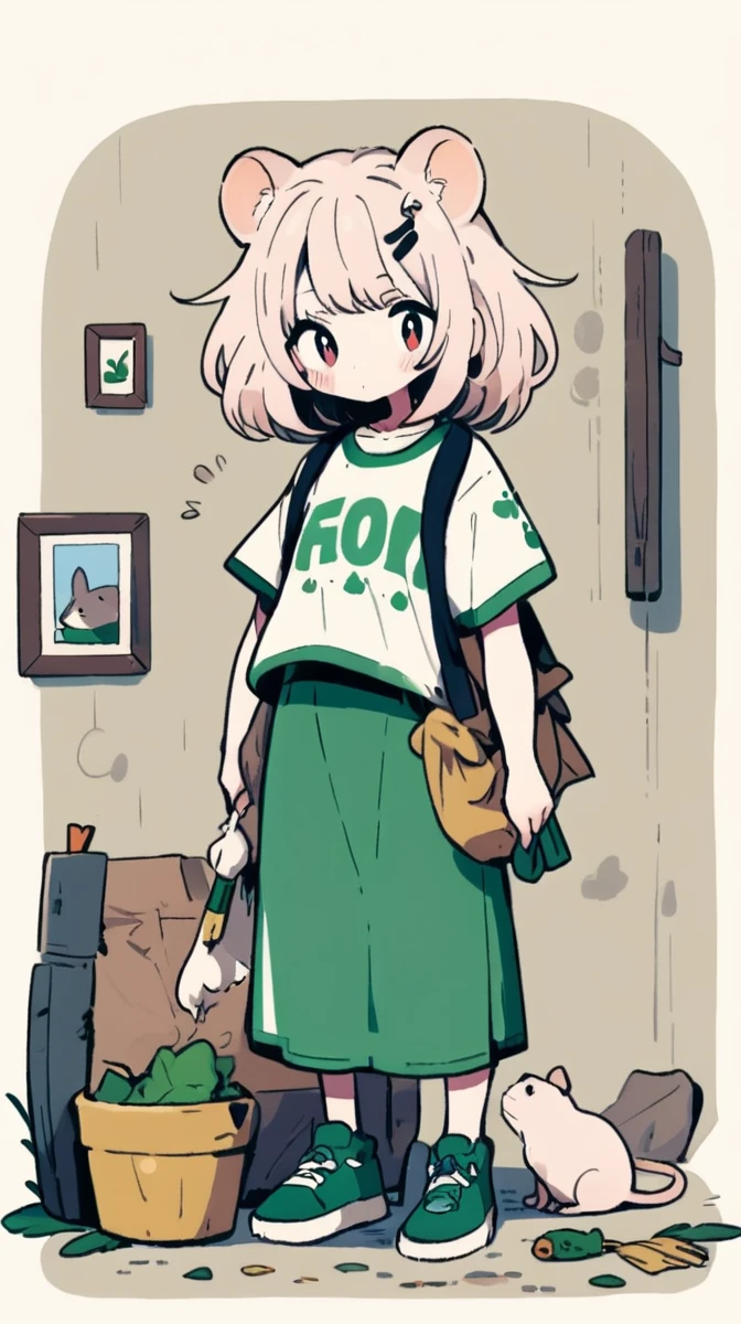 Create a full-body image of a woman who is dressed like a hobo with a pet rat.