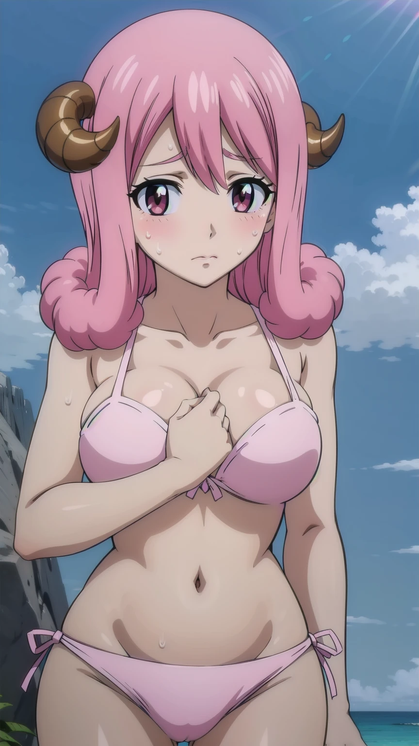 masterpiece, best quality, absurdres, 1girl, solo, AriesFairyTail, wool hair, medium hair, sheep horns, pink eyes, shy, blush, looking at the viewer, blue theme, blue background, cloudy sky, sunlight, sweat, orgasmic, bikini swimsuit, large breasts, cleavage, belly button exposed, collarbone, thighs, sea and beach,