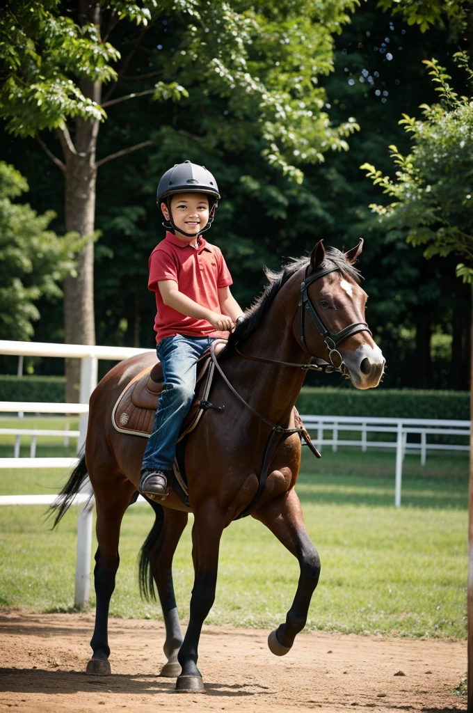 A 3 year old boy riding a horse