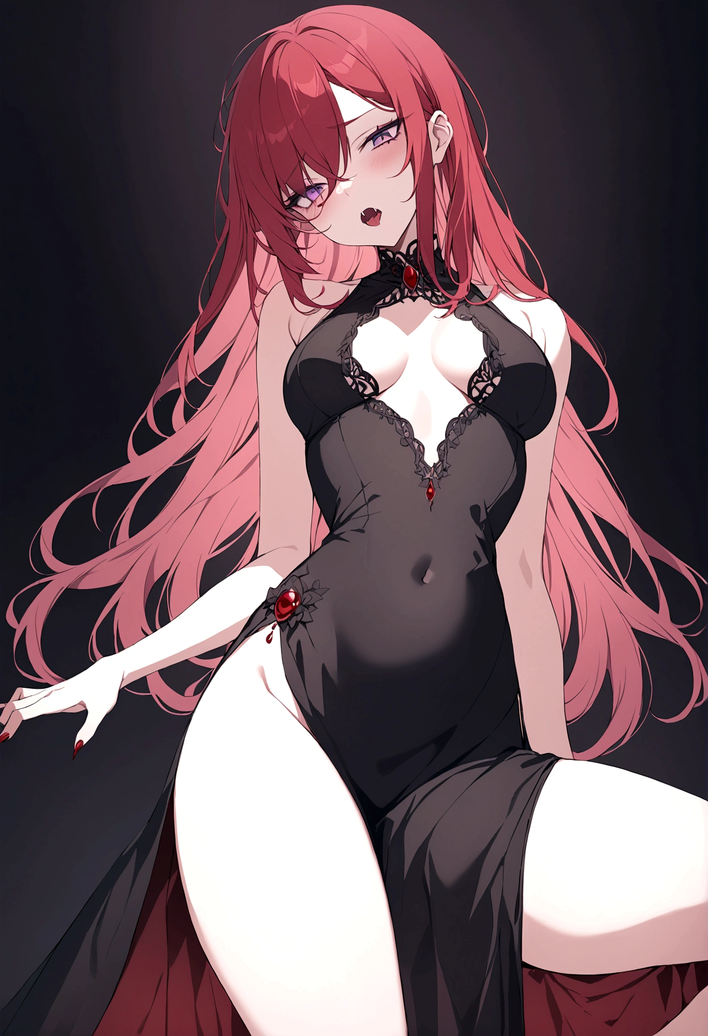 detailed, red hair, purple eyes, dominant, fangs, black dress, thigh slit, dark background, blood themed, sleepy eyes, eye glare- purple, seductive
