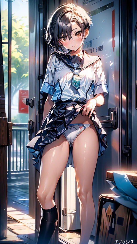 young woman、smile、((short hair))、Blushing、((masterpiece、High resolution、16K))、((Very close to me:1.5)、((Lift your skirt up to me、No underwear))、((Shiny Pussy))、((Move your crotch closer to me))、