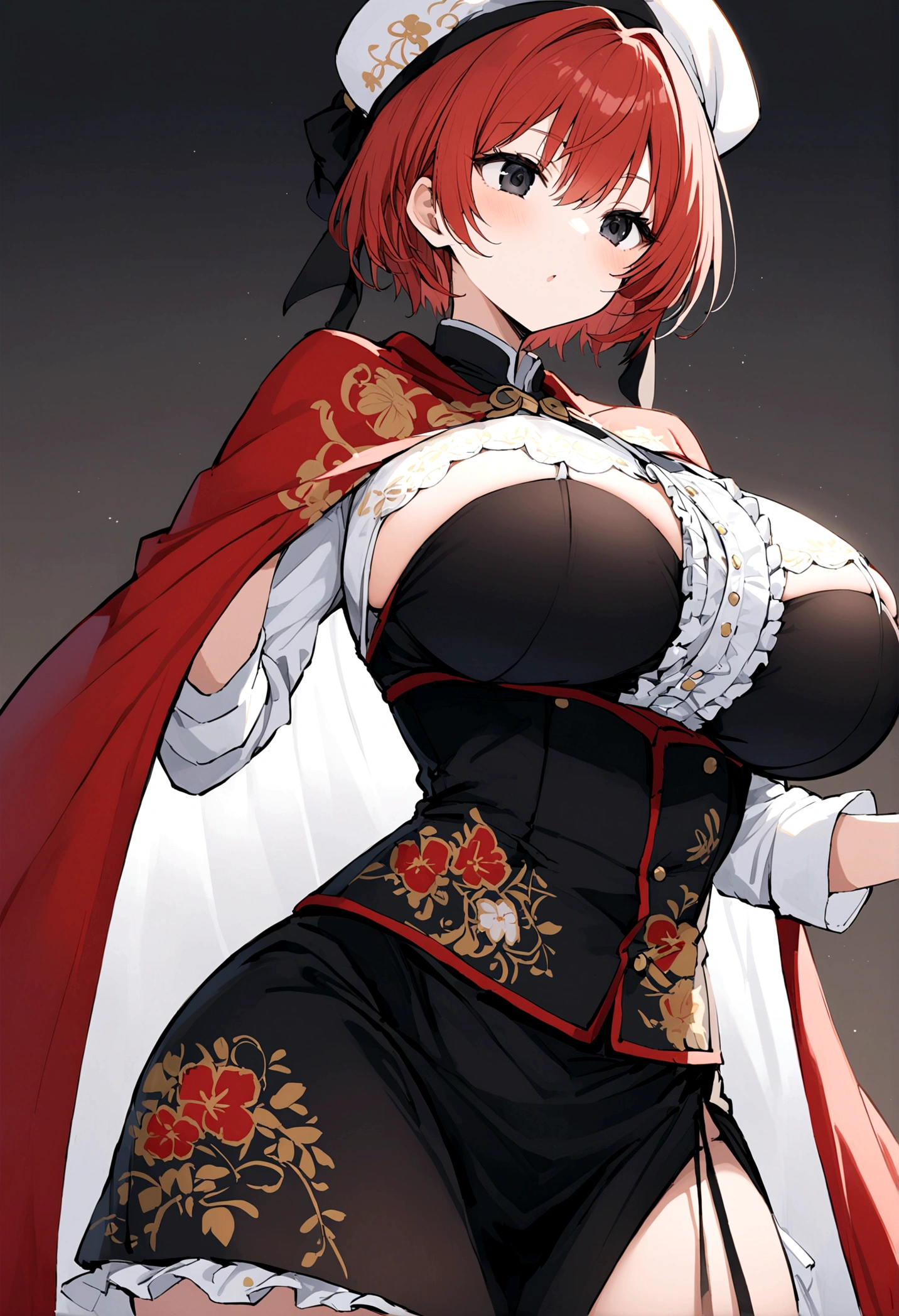 My name is Hikaru, I am a white test woman with long red hair and black eyes. I am 1.60cm tall and weigh 46kg. My breast sizes are 300 cm, my waist is 60 cm and my hips are 200 cm. Dressed in an embroidered linen shirt, a jerkin with a brocade front that adjusts with cord, a linen petticoat decorated with black wool embroidery, a black cloth skirt with red trim at the bottom, a rectangular-shaped linen cap and a black cloth cape. edged with white piping. With big breasts 300 cm